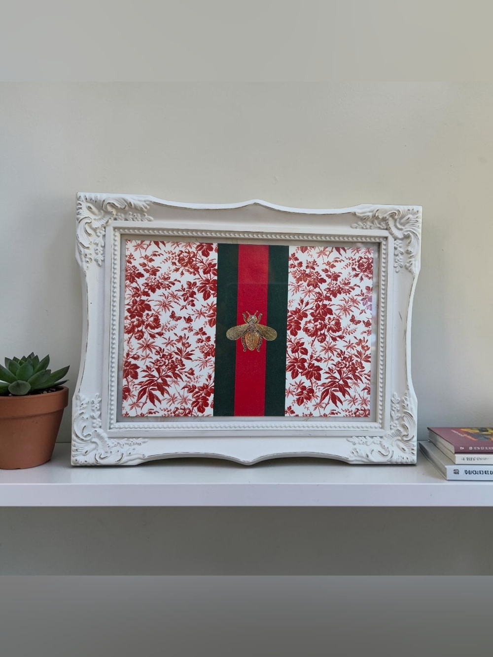 Gucci Insspired Shabby Chic Luxe Red Floral Art & Gold Bee Accent